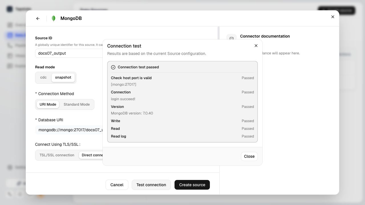 MongoDB destination connection test showing passed host, connection, version, write, read, and read-log checks