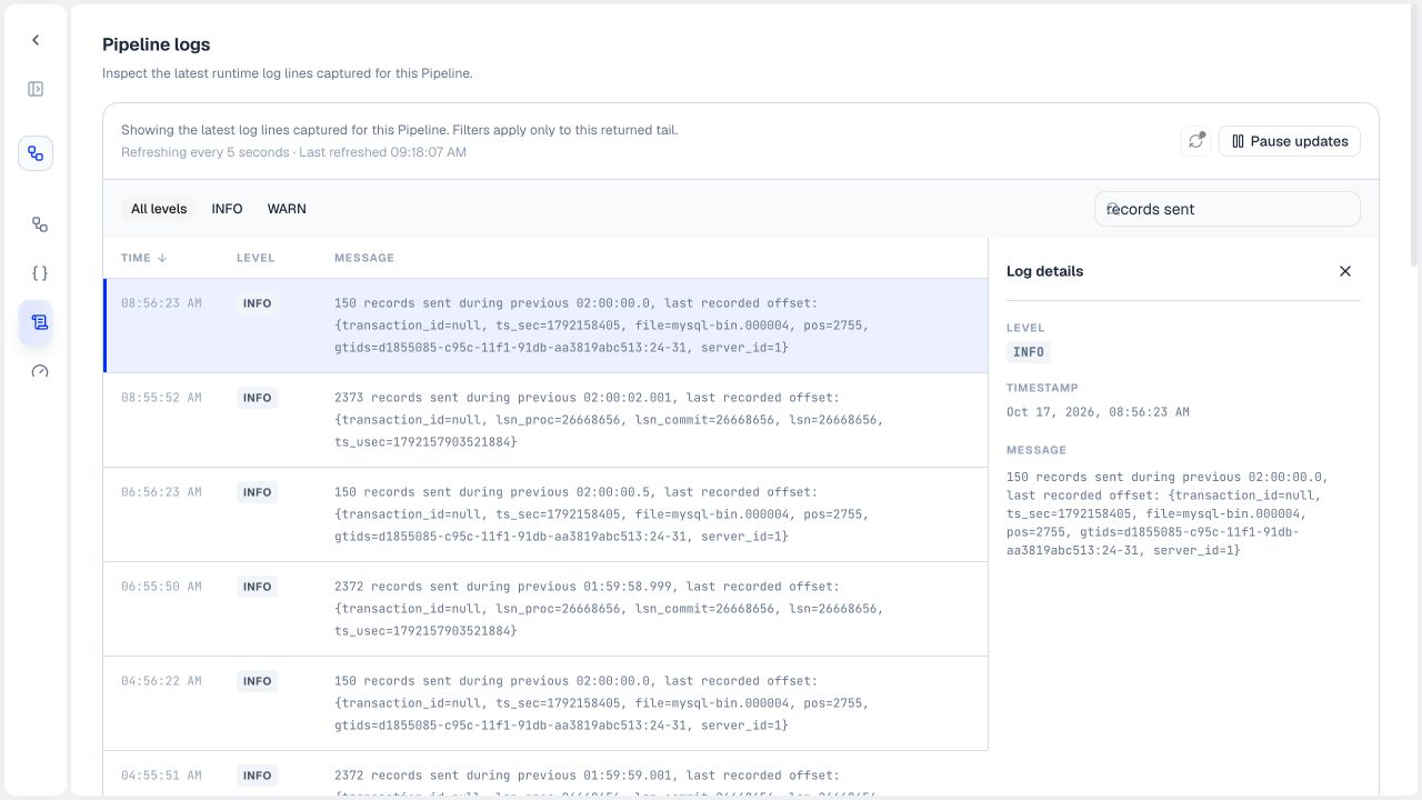 Pipeline logs with a text search, level filters, and the selected line open in Log details