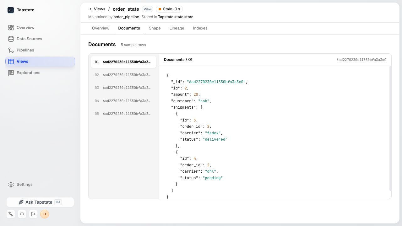 Documents tab in the order_state view showing a sample order with its related shipments